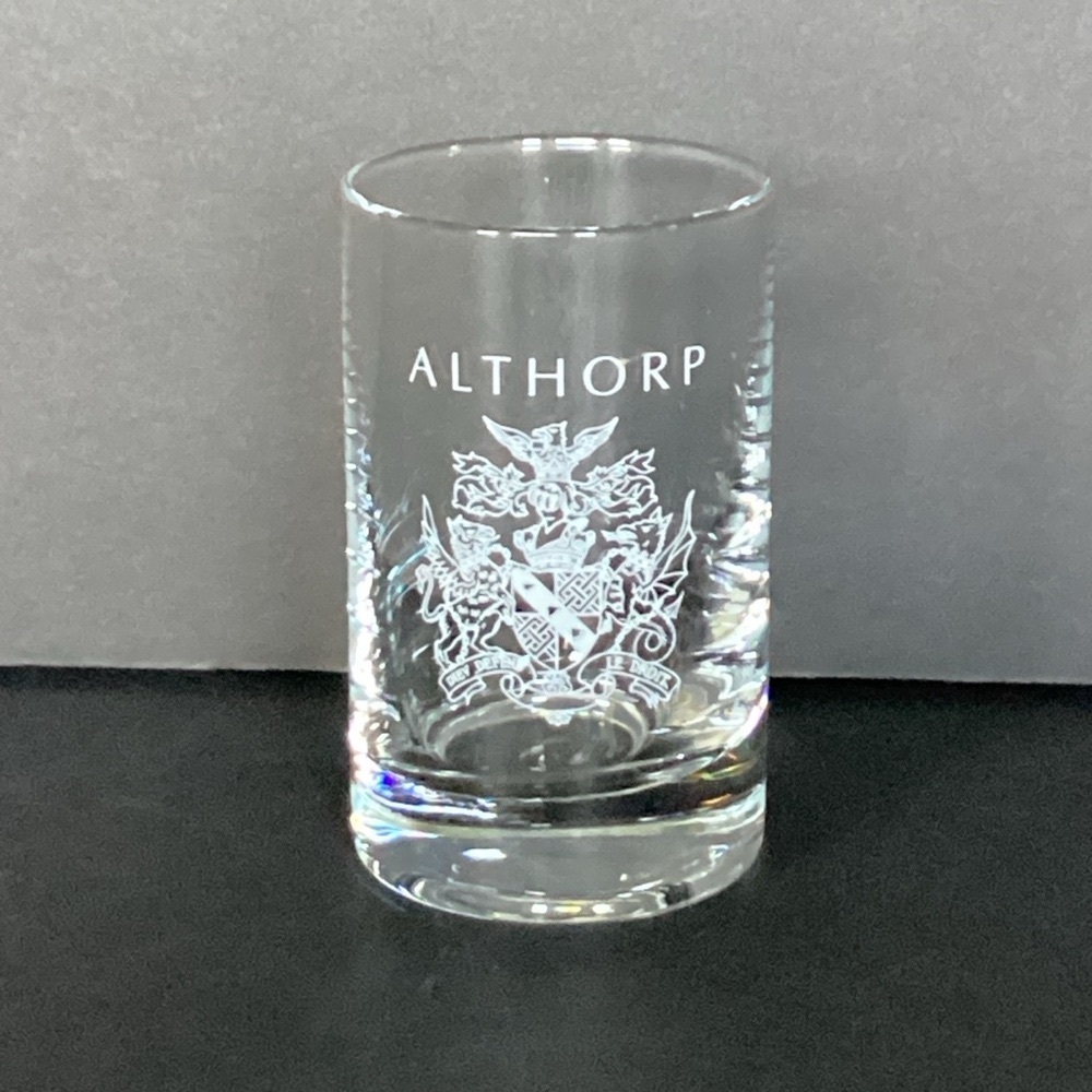 Althorp Souvenir Shot Glass Charles Spencer 9th Earl Coat Of Arms Crest & Motto